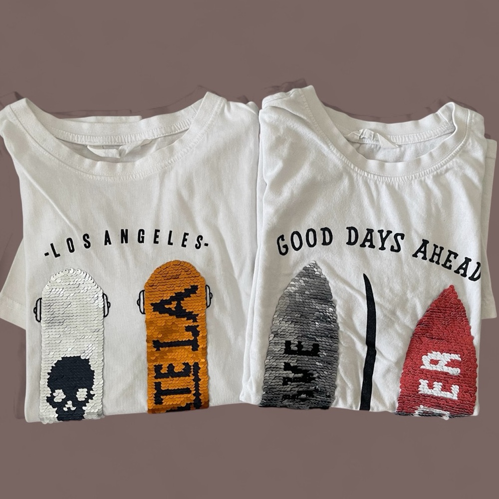 Lot of two H&M White sequin surfboard and LA California skate T-shirt | 10-12 yo